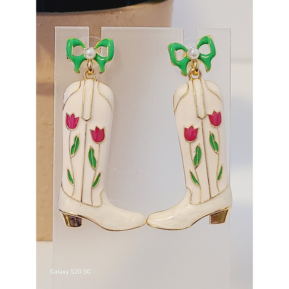 Cream Enamel Cowboy Boot Tulip Bow Drop Earrings‎ Gold Tone Western Coquette